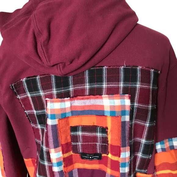 Upcycled Patchwork Hoodie, Size M: Magenta Boho Snap Front Jacket, Campus Grunge - Picture 11 of 17